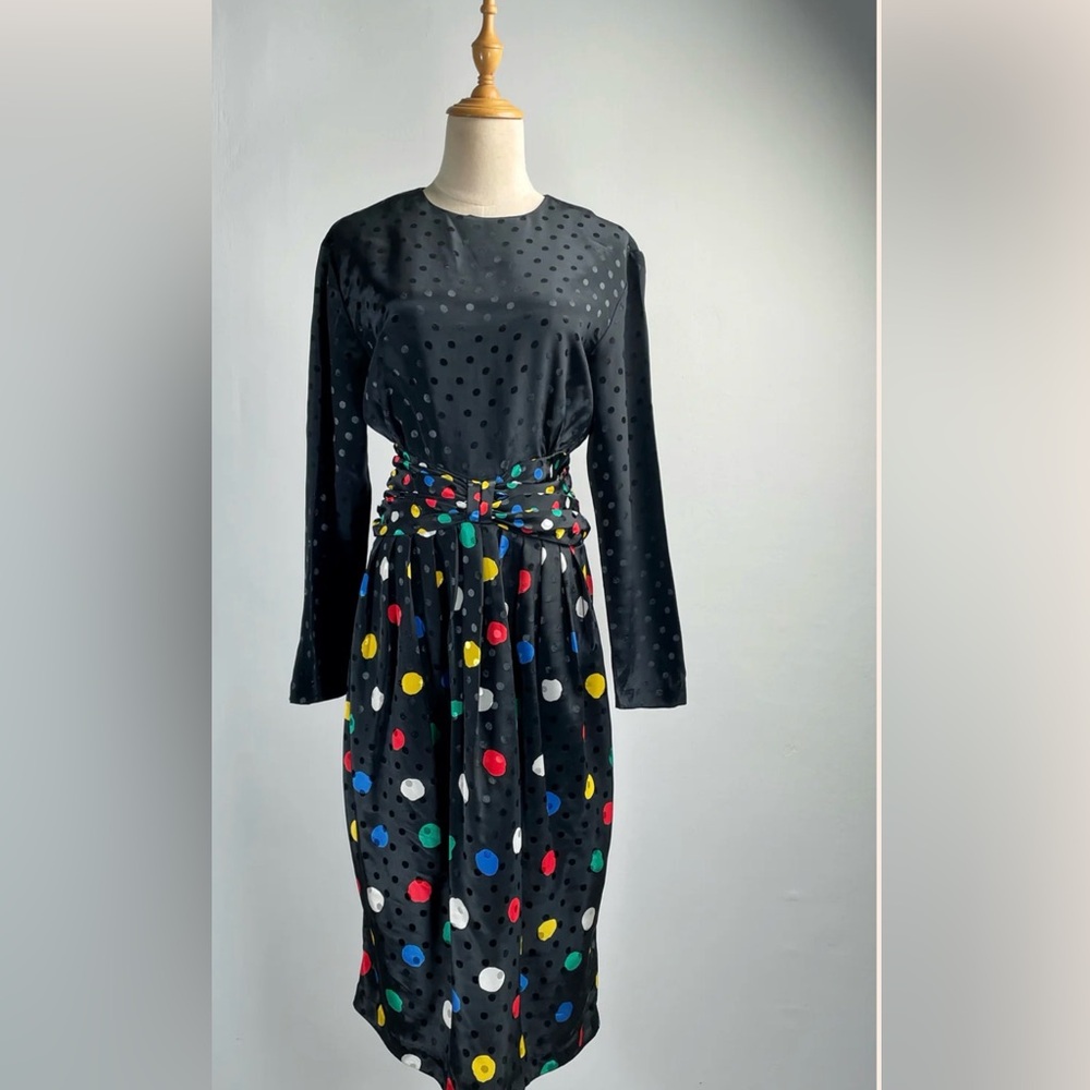 Plaza South Vintage 1980s Polka dots ruched waist cocktail dress Sz 8